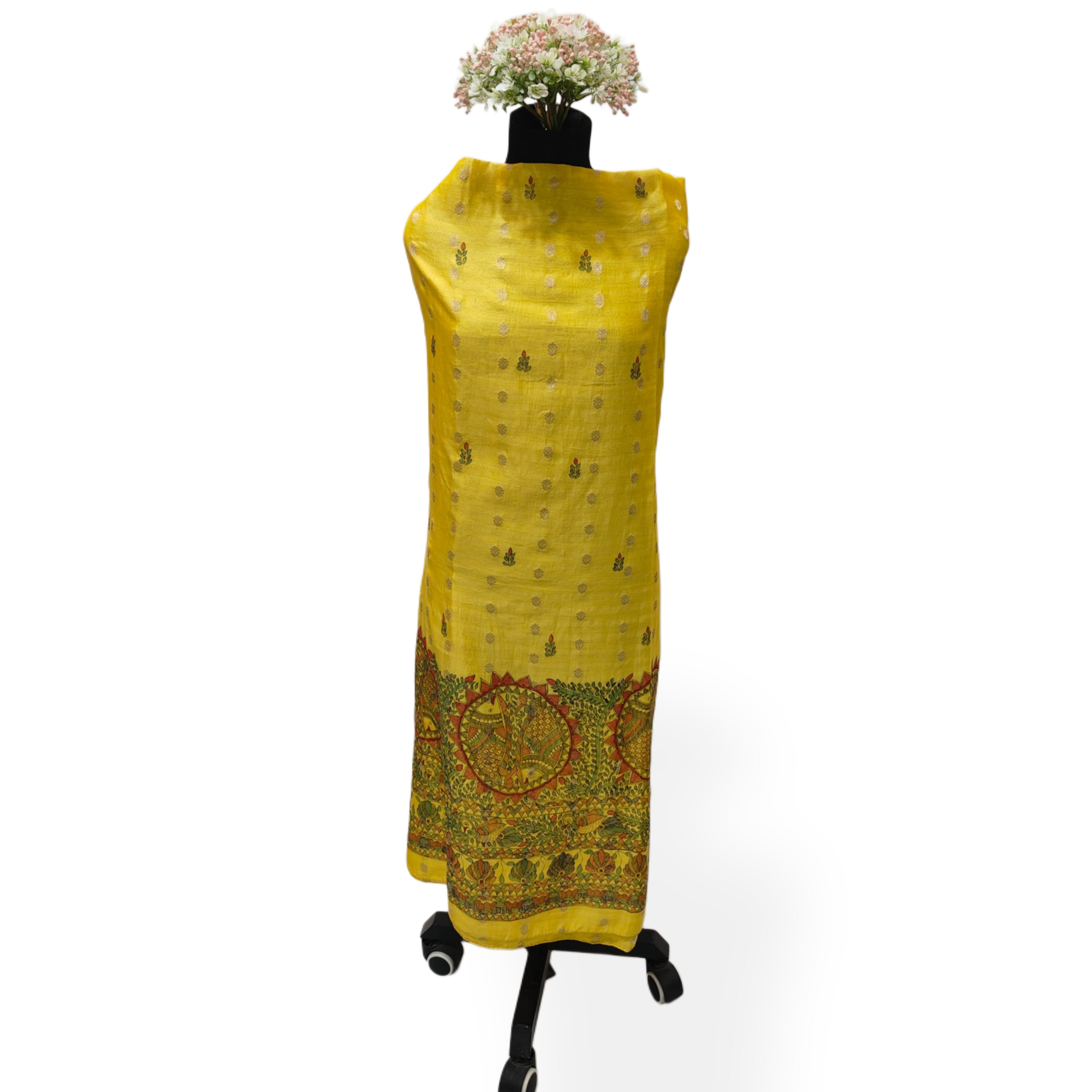 Hand-painted Madhubani Peacock & Floral Unstitched Suit Set on Chanderi in Sunshine Yellow